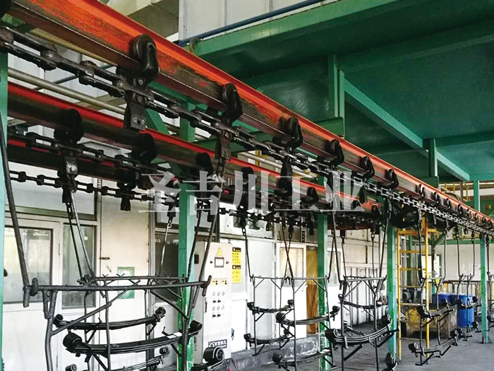 Hanging leaf spring electrophoretic coating line