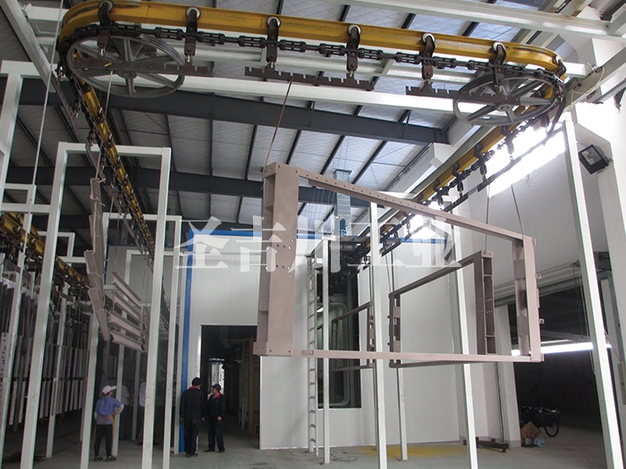 Powder spraying line for frame parts