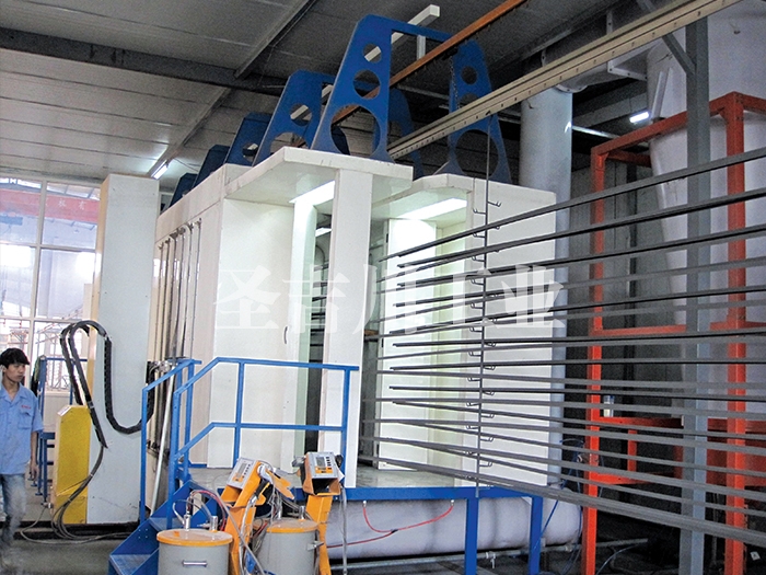 Electrostatic powder spraying line for aluminum profile