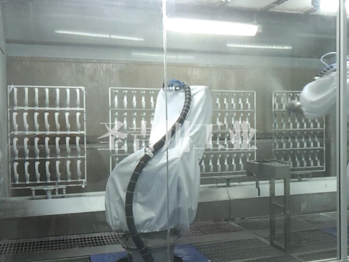 Door handle and ground rail robot spraying system