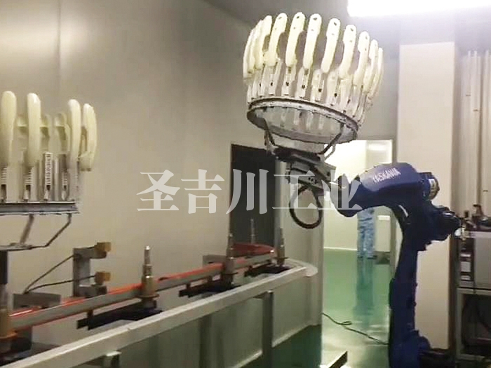 Robot handling system for door handle pre-processing line to spraying line