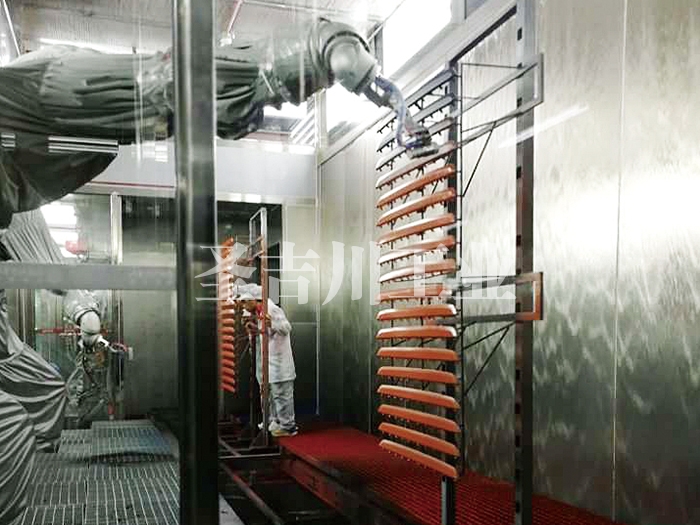 Internal and external decorative strip robot spraying skid conveyor line